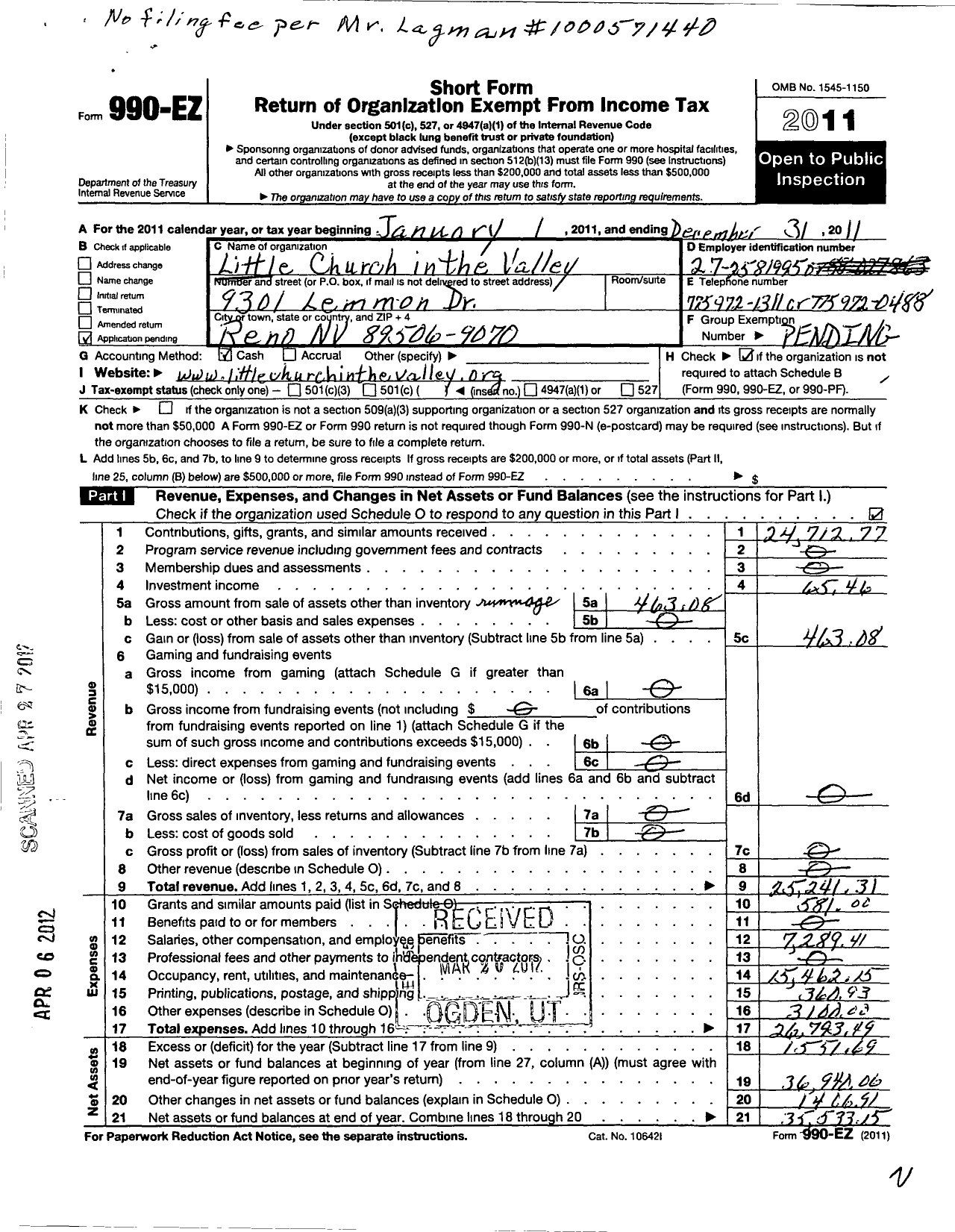 Image of first page of 2011 Form 990EO for Little Church in the Valley