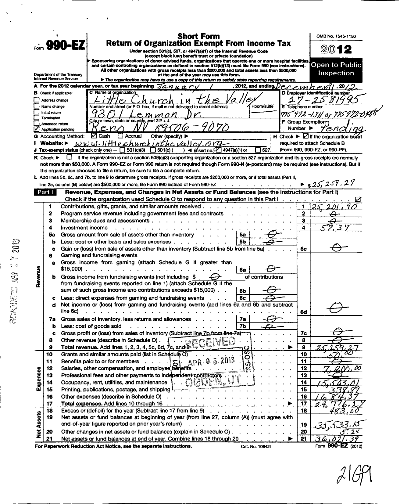 Image of first page of 2012 Form 990EO for Little Church in the Valley