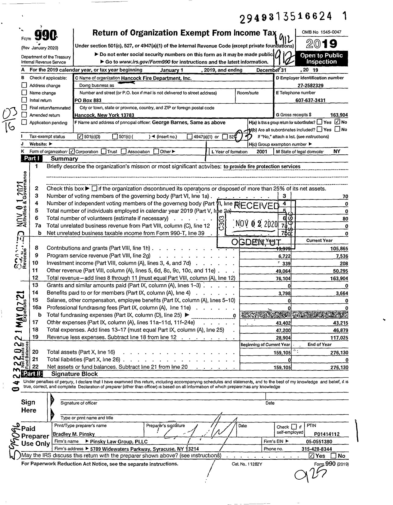 Image of first page of 2019 Form 990 for Hancock Fire Department