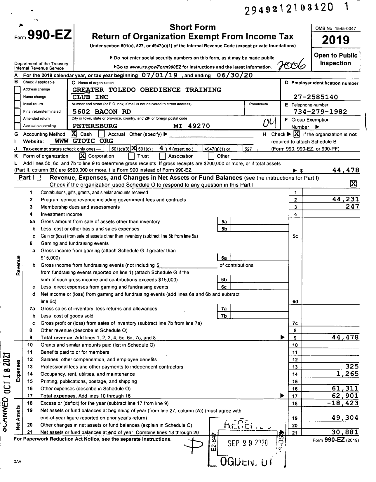 Image of first page of 2019 Form 990EO for Greater Toledo Obedience Training Club