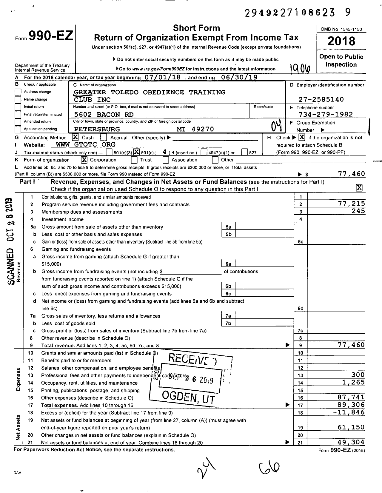 Image of first page of 2018 Form 990EO for Greater Toledo Obedience Training Club