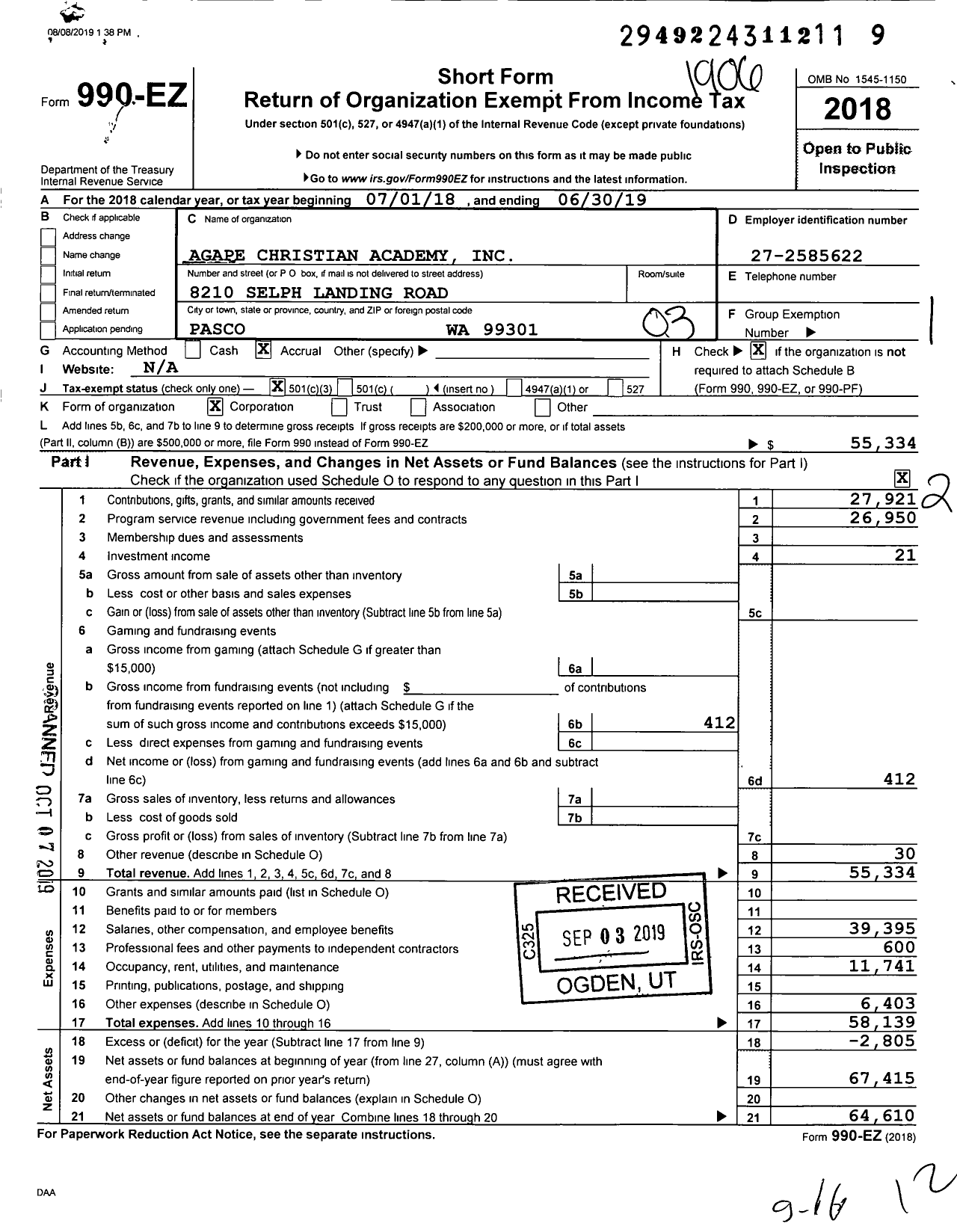 Image of first page of 2018 Form 990EZ for Agape Christian Academy
