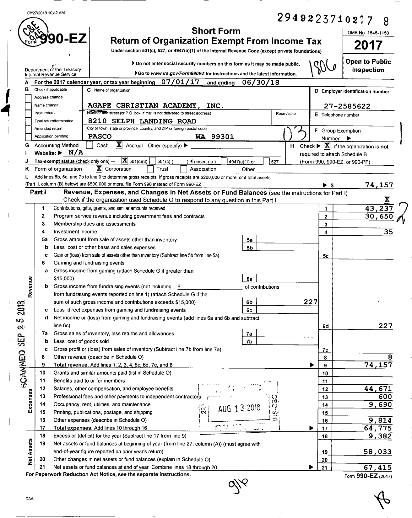 Image of first page of 2017 Form 990EZ for Agape Christian Academy