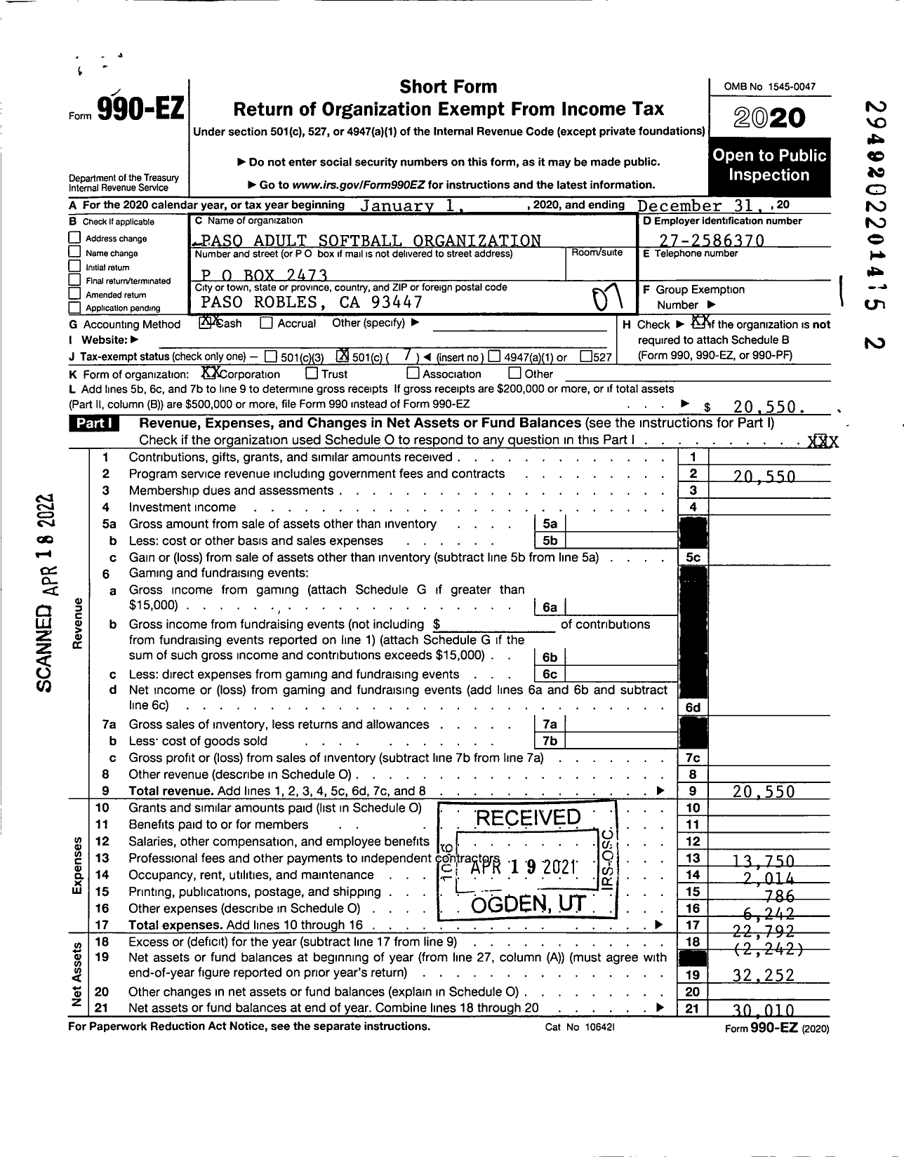 Image of first page of 2020 Form 990EO for Paso Adult Softball Organization