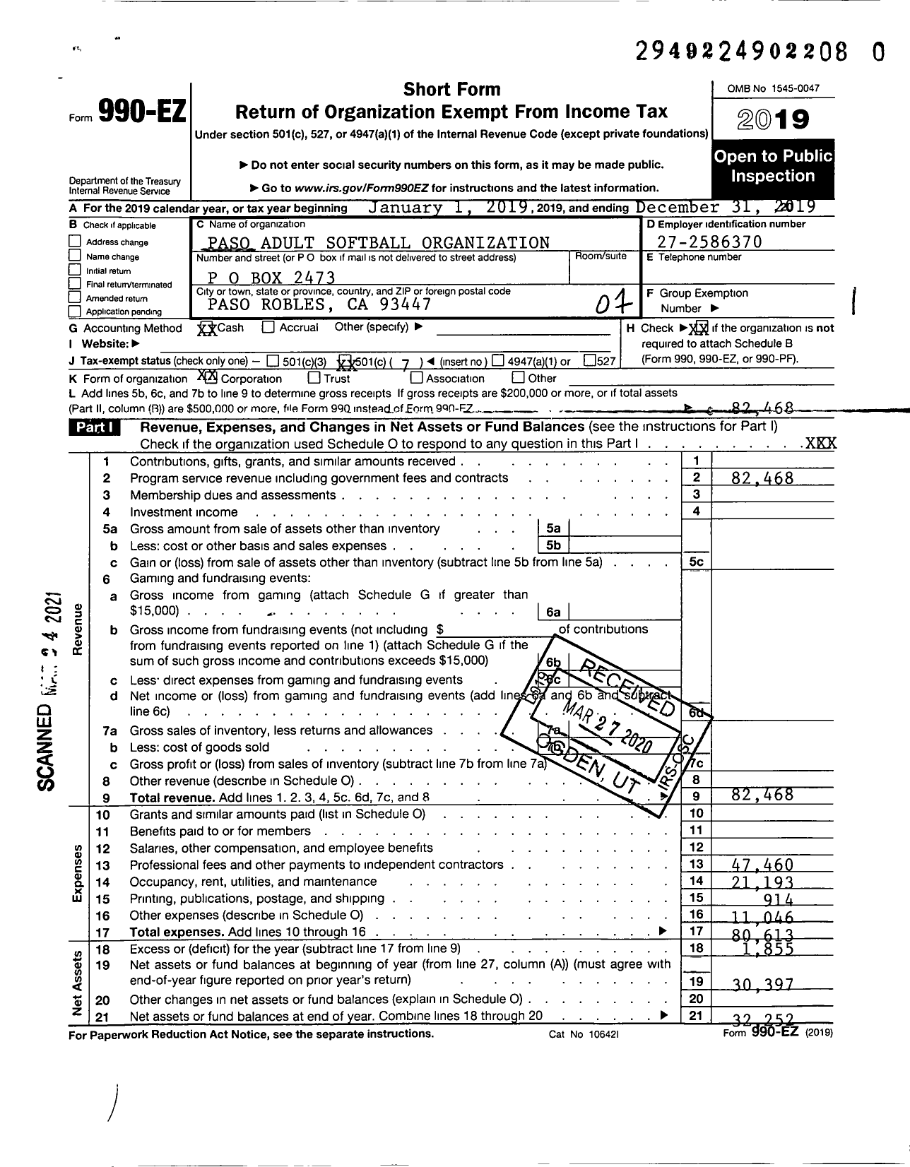 Image of first page of 2019 Form 990EO for Paso Adult Softball Organization