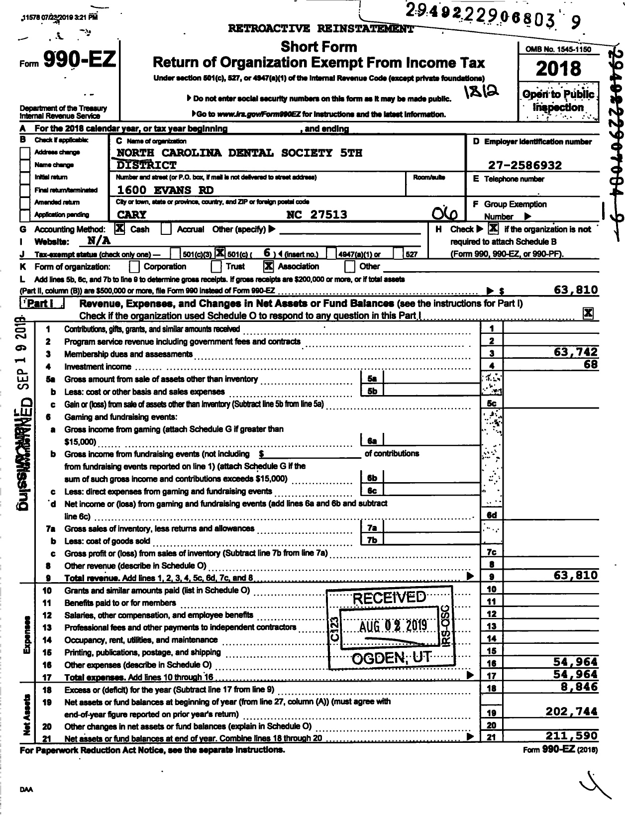 Image of first page of 2018 Form 990EO for North Carolina Dental Society 5th District