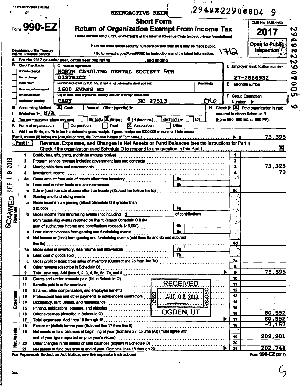 Image of first page of 2017 Form 990EO for North Carolina Dental Society 5th District