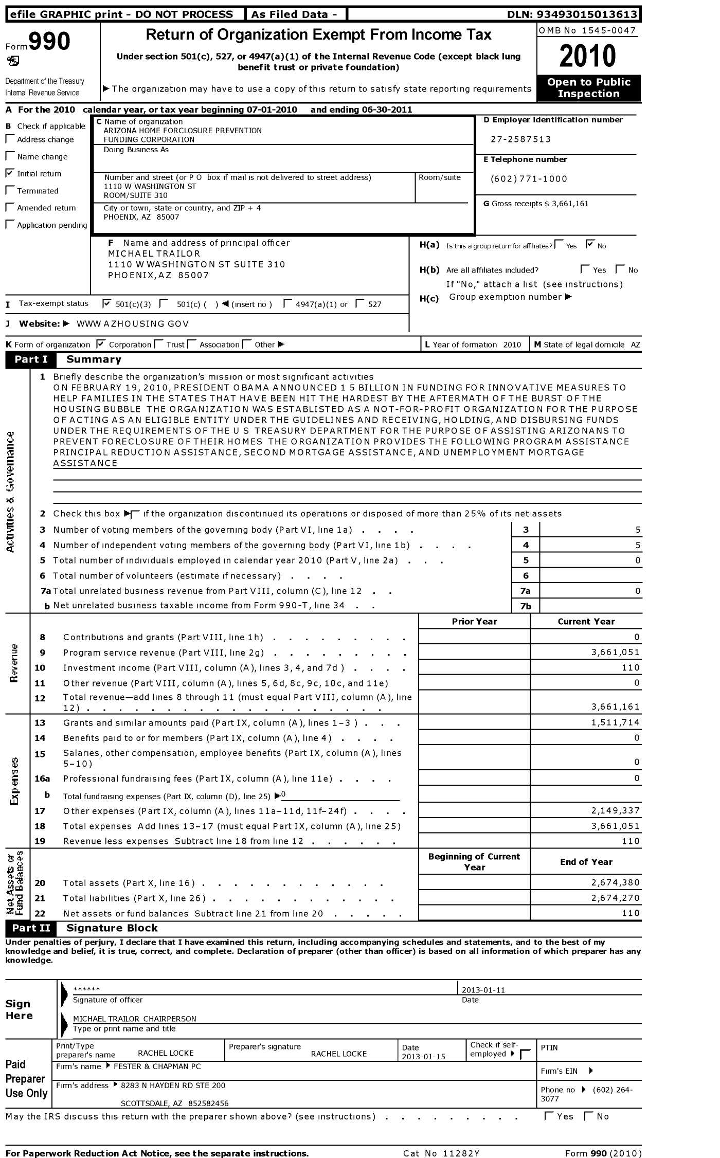 Image of first page of 2010 Form 990 for Arizona Home Foreclosure Prevention Funding Corporation