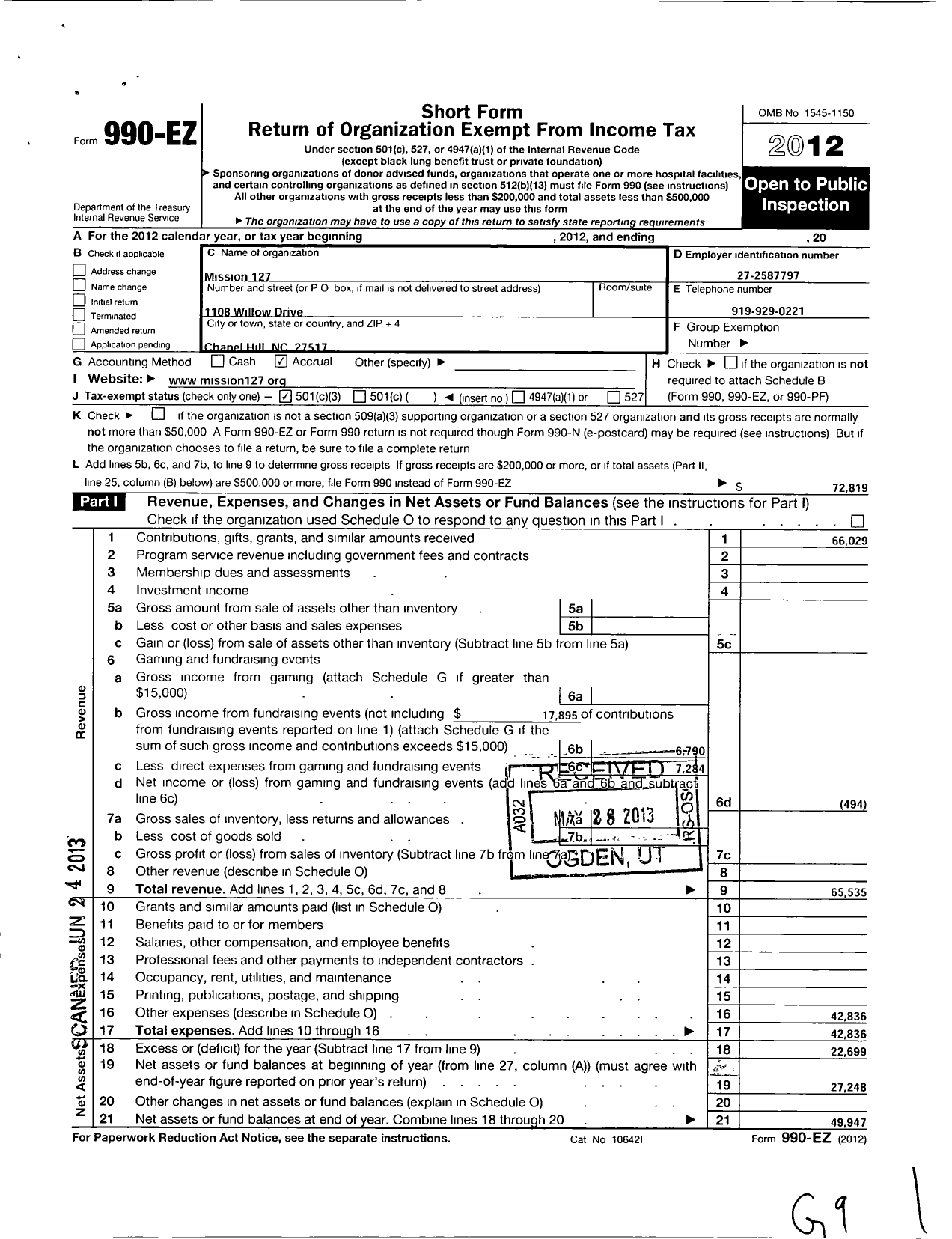 Image of first page of 2012 Form 990EZ for Mission 127