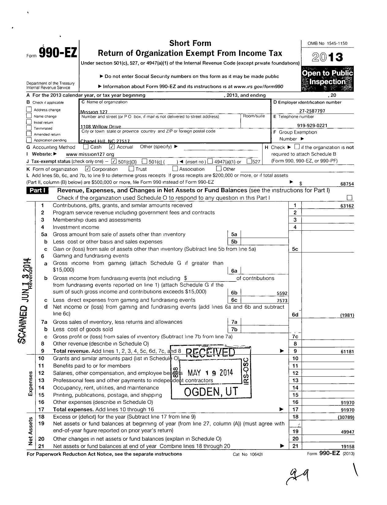 Image of first page of 2013 Form 990EZ for Mission 127