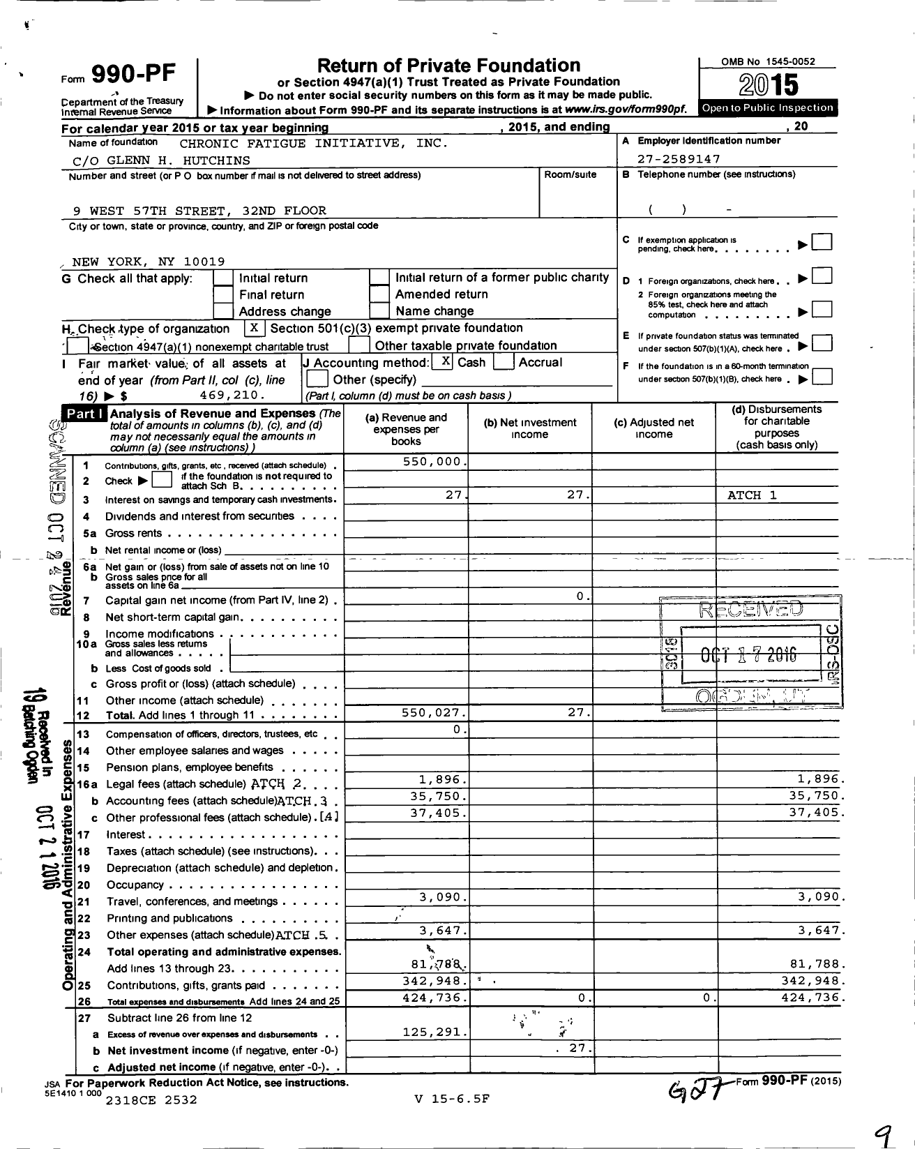 Image of first page of 2015 Form 990PF for Chronic Fatigue Initiative