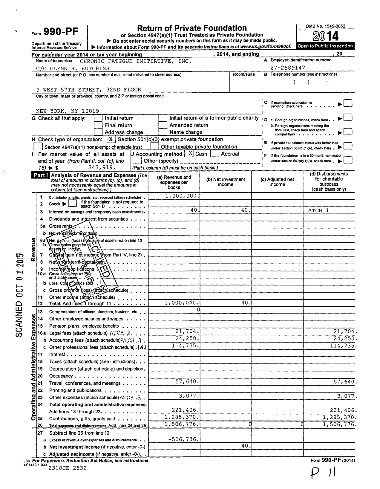 Image of first page of 2014 Form 990PF for Chronic Fatigue Initiative