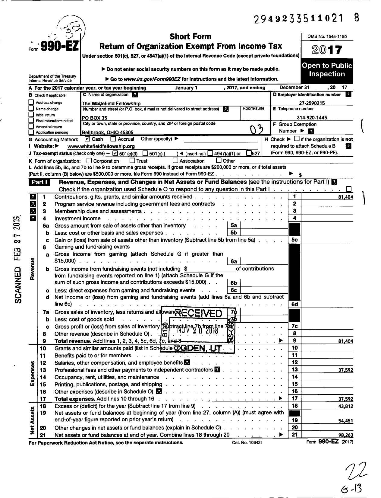 Image of first page of 2017 Form 990EZ for Whitefield Fellowship