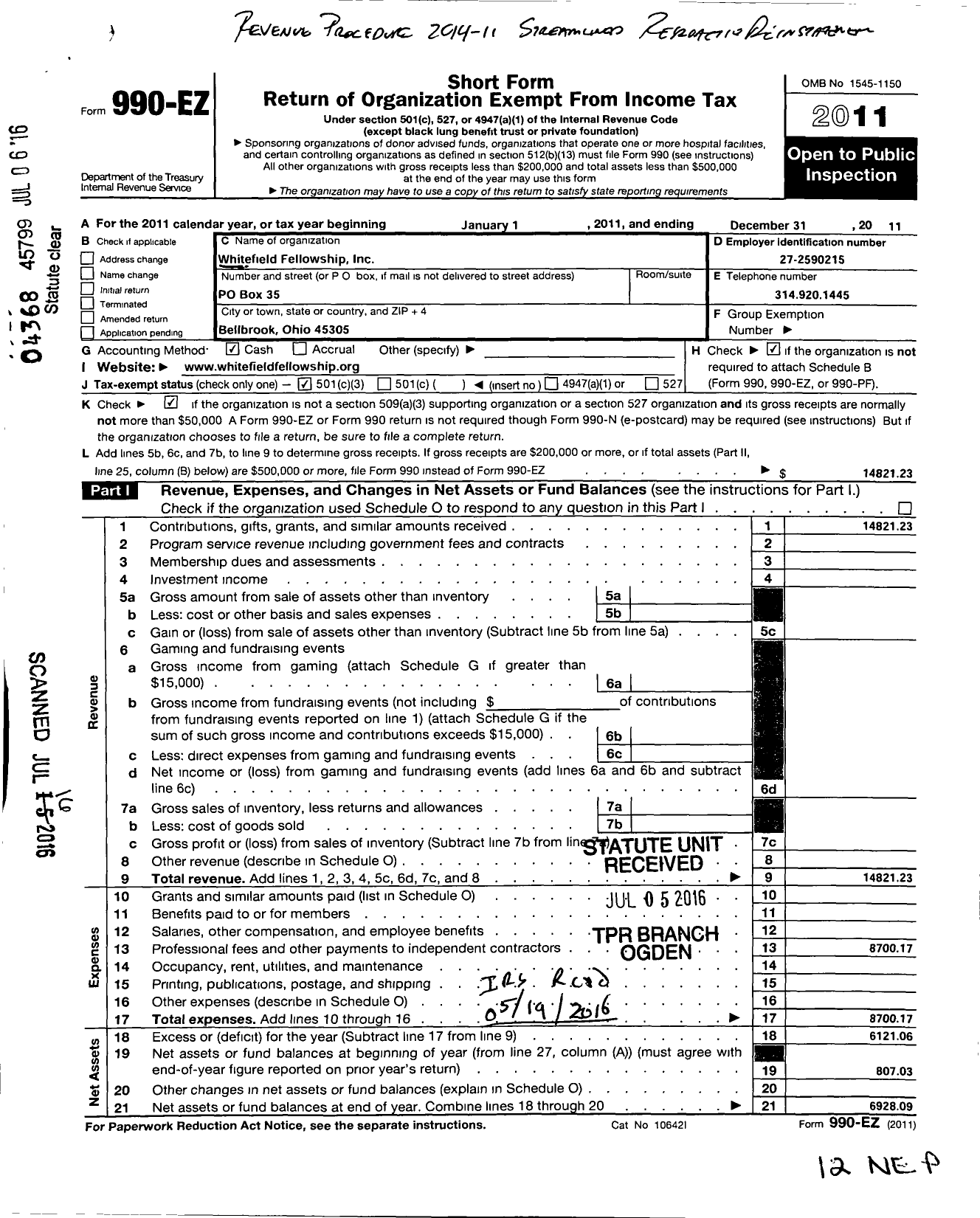 Image of first page of 2011 Form 990EZ for Whitefield Fellowship