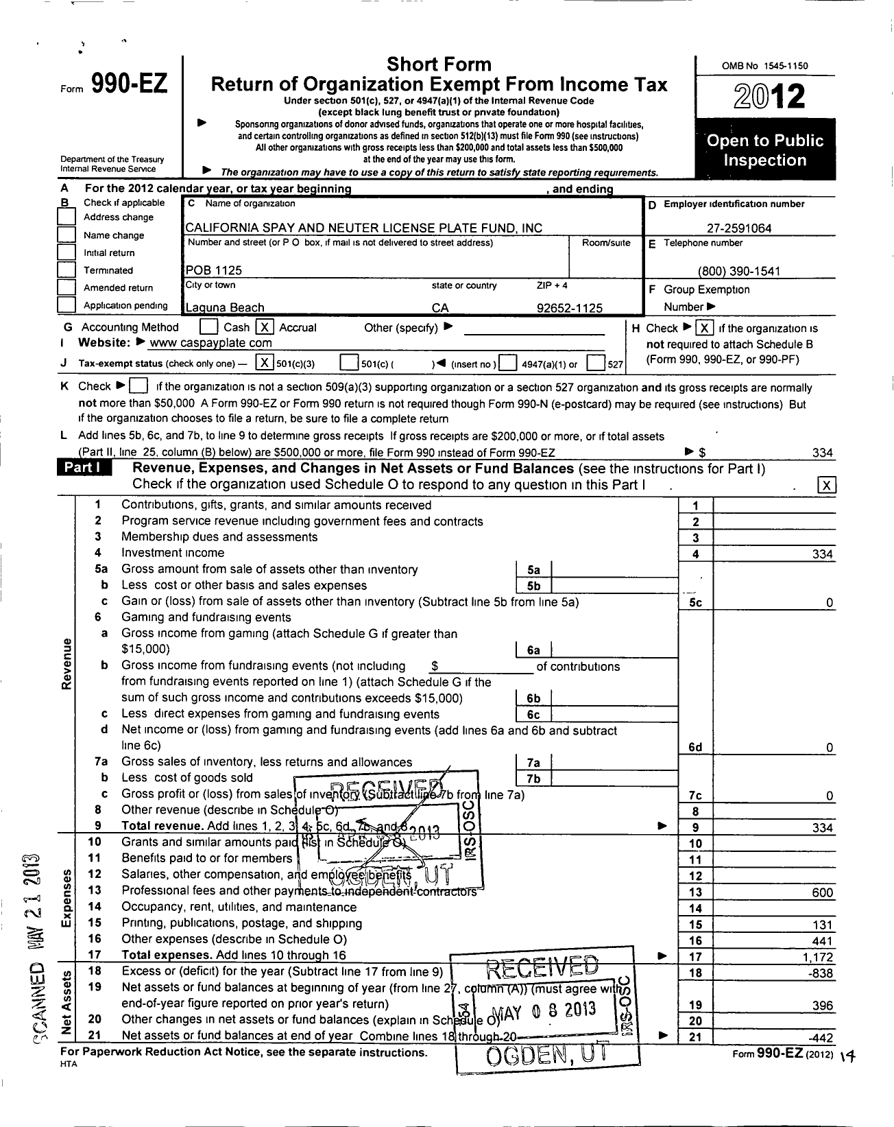 Image of first page of 2012 Form 990EZ for California Spay and Neuter License Plate Fund