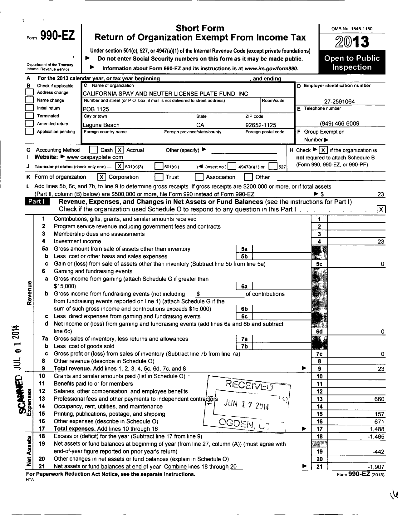 Image of first page of 2013 Form 990EZ for California Spay and Neuter License Plate Fund