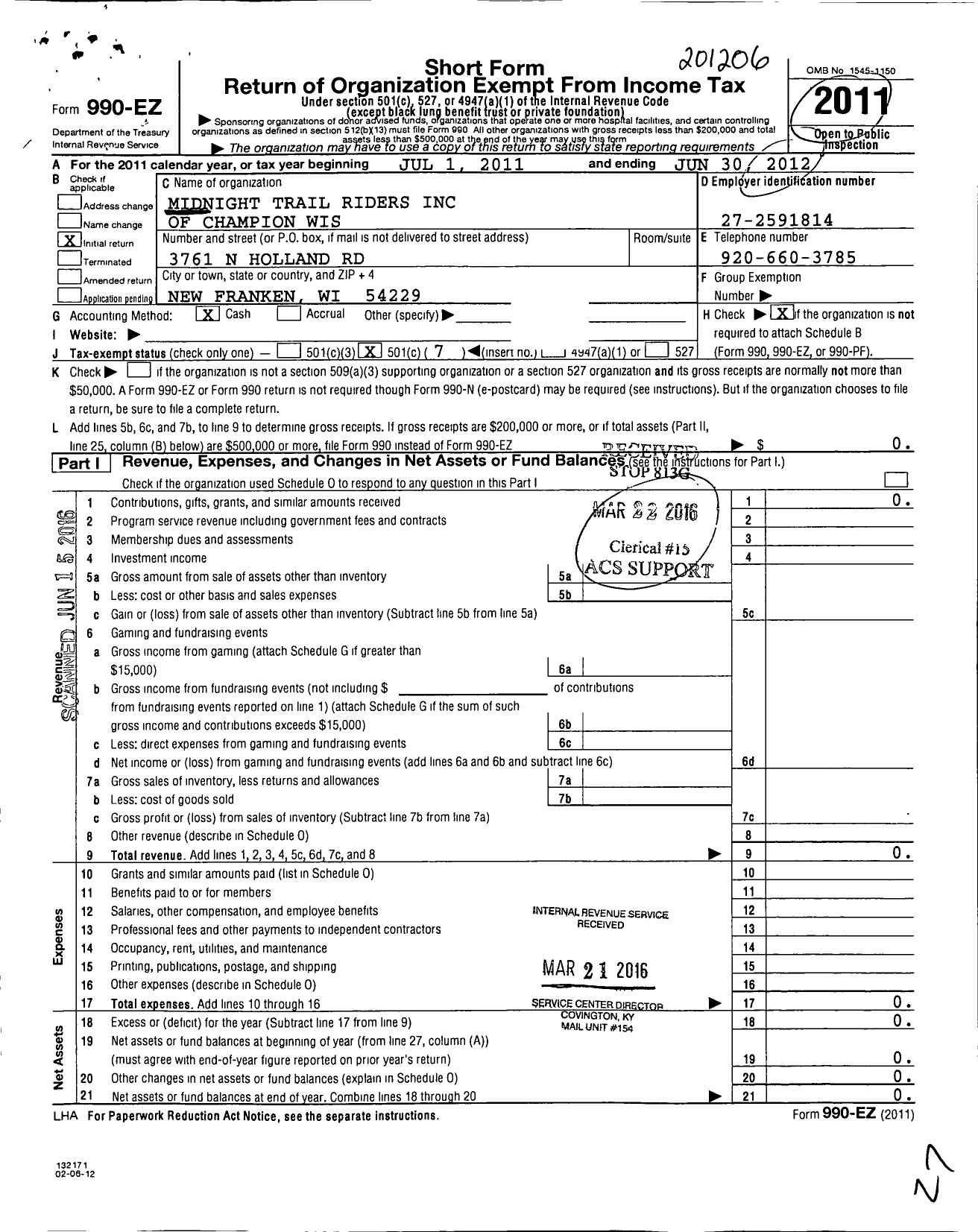 Image of first page of 2011 Form 990EO for Midnight Trail Riders of Champion Wis