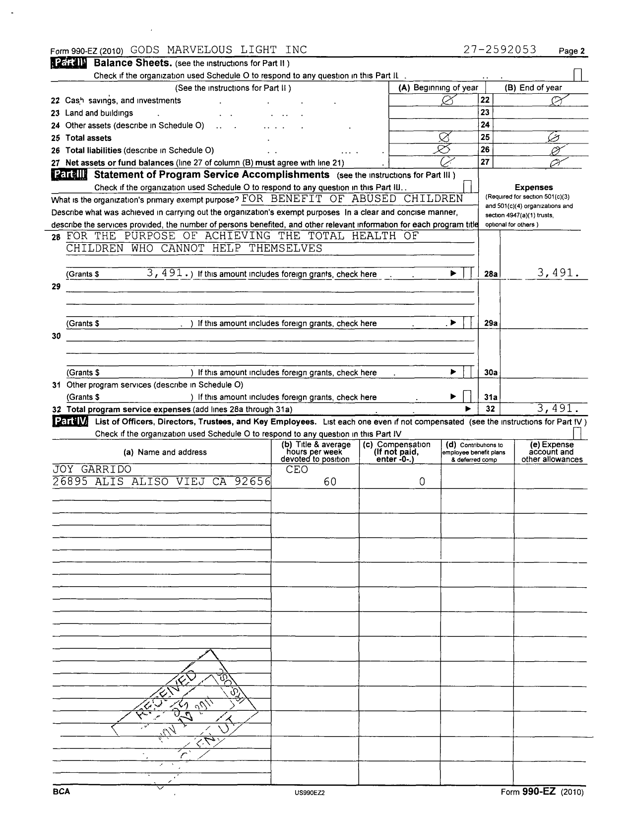 Image of first page of 2010 Form 990ER for Gods Marvelous Light