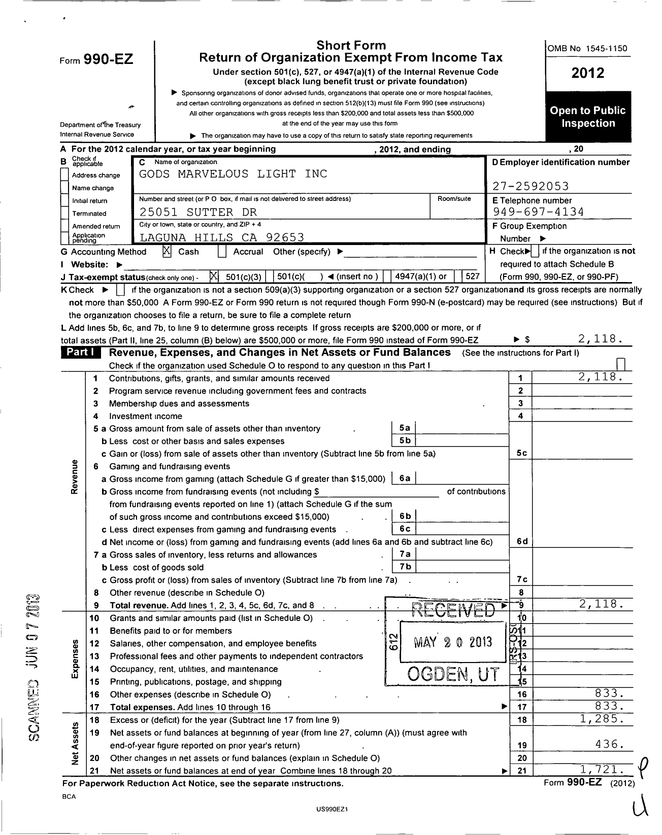 Image of first page of 2012 Form 990EZ for Gods Marvelous Light