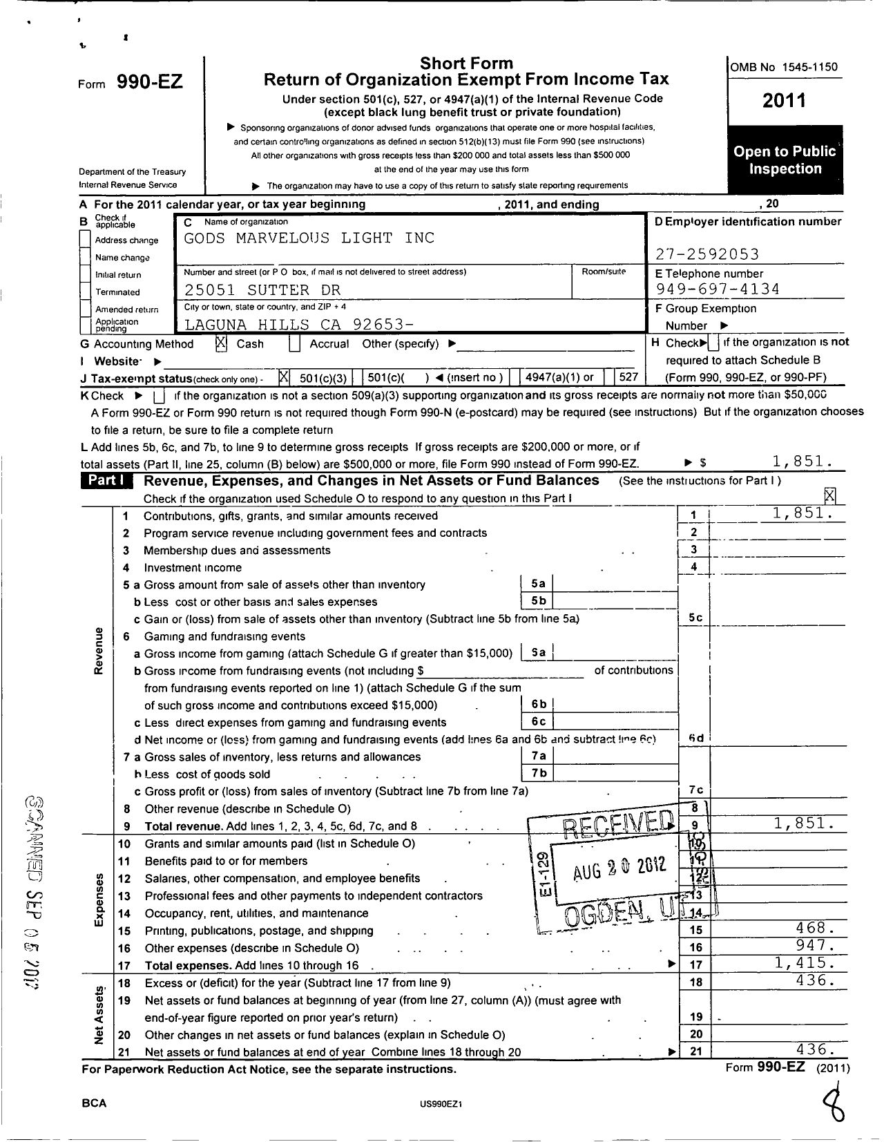 Image of first page of 2011 Form 990EZ for Gods Marvelous Light