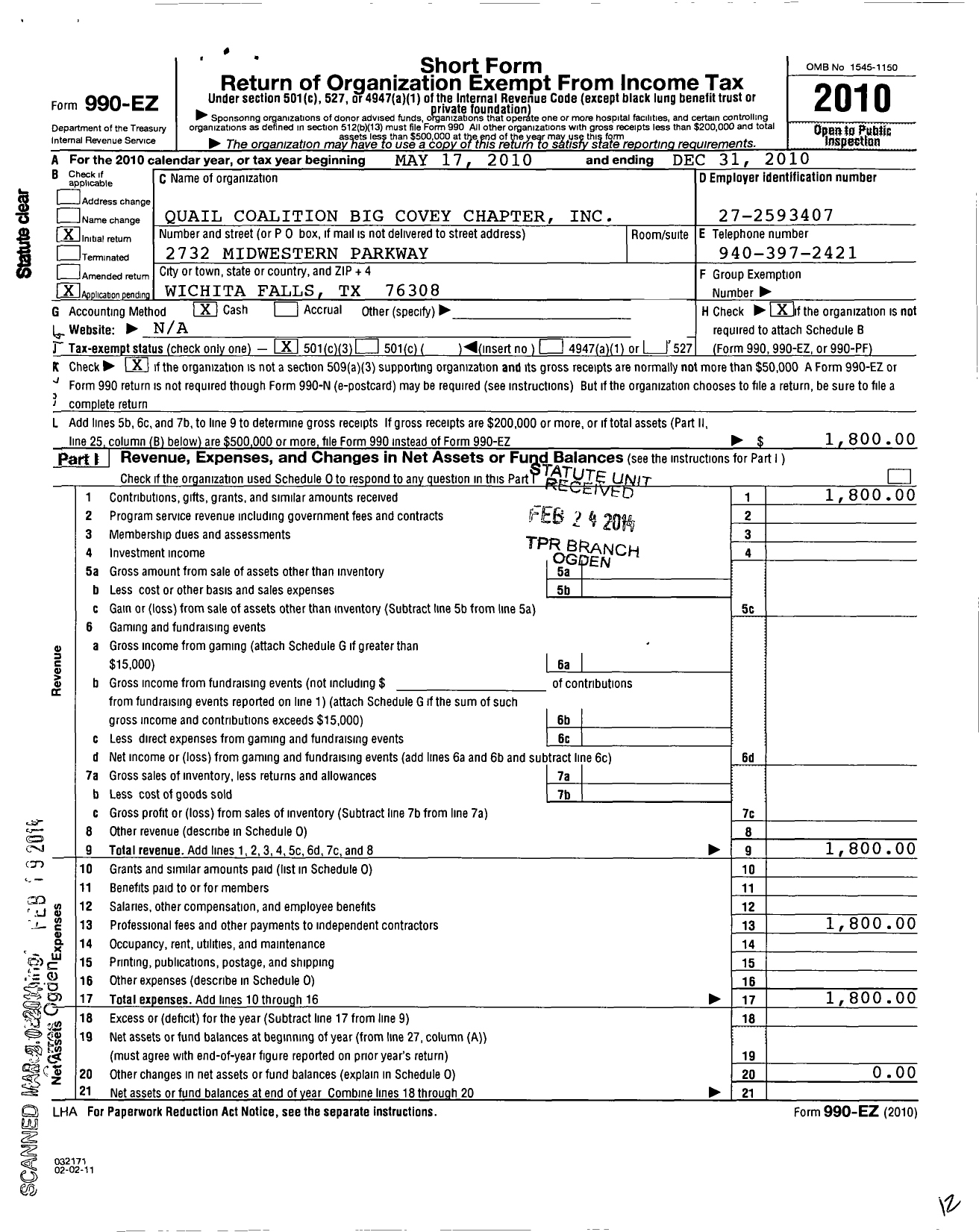 Image of first page of 2010 Form 990EZ for Quail Federation