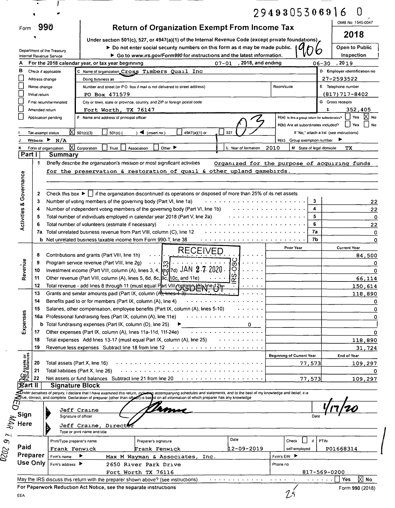 Image of first page of 2018 Form 990 for Cross Timbers Quail