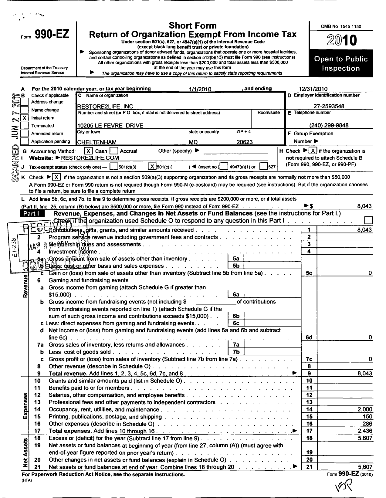 Image of first page of 2010 Form 990EO for Restore2life