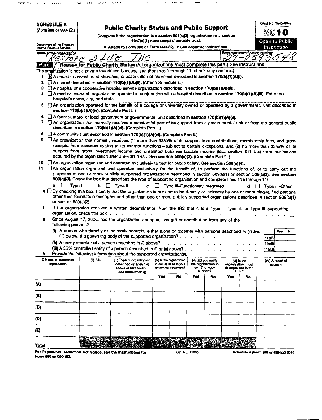 Image of first page of 2010 Form 990ER for Restore2life