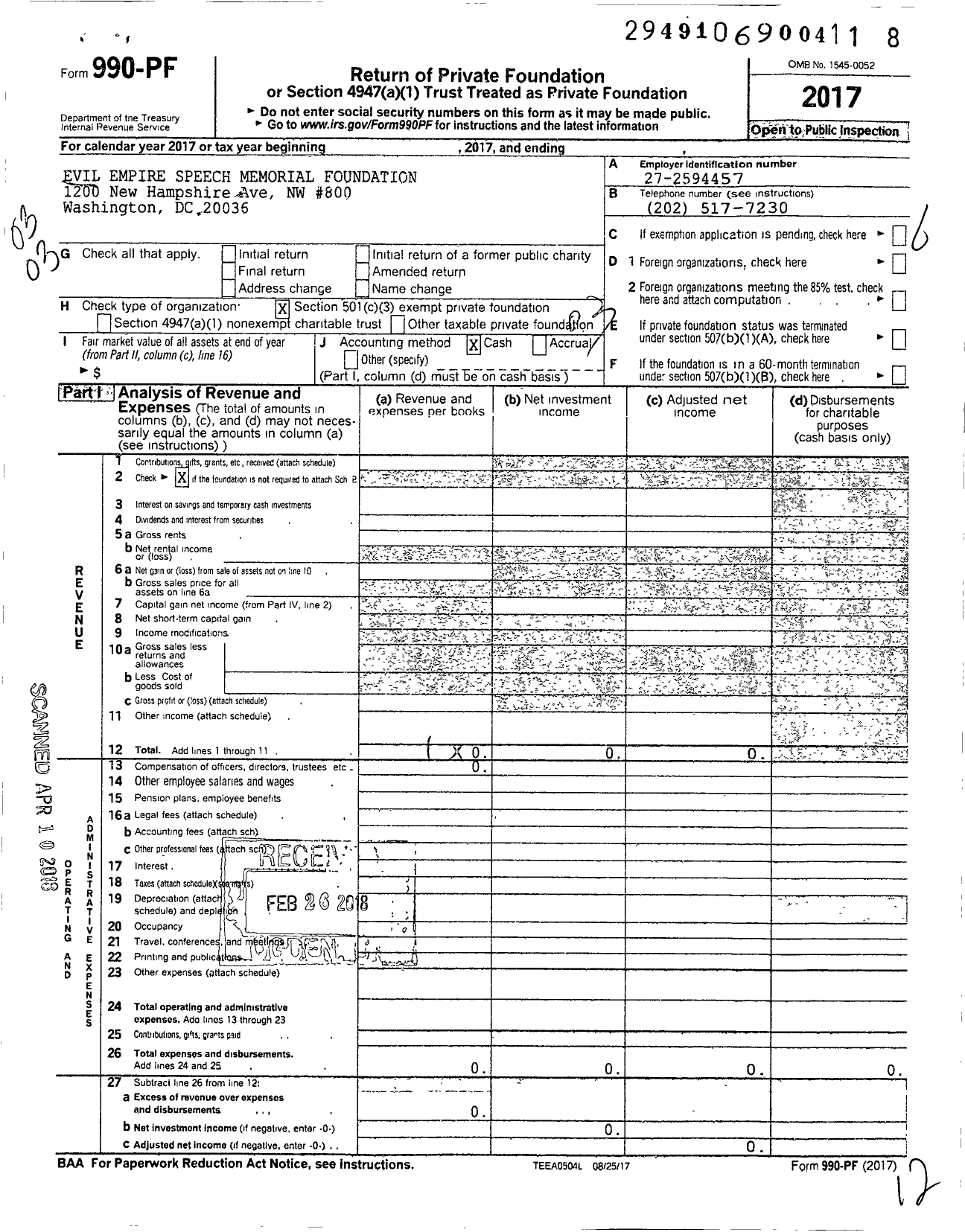 Image of first page of 2017 Form 990PF for Evil Empire Speech Memorial Foundation