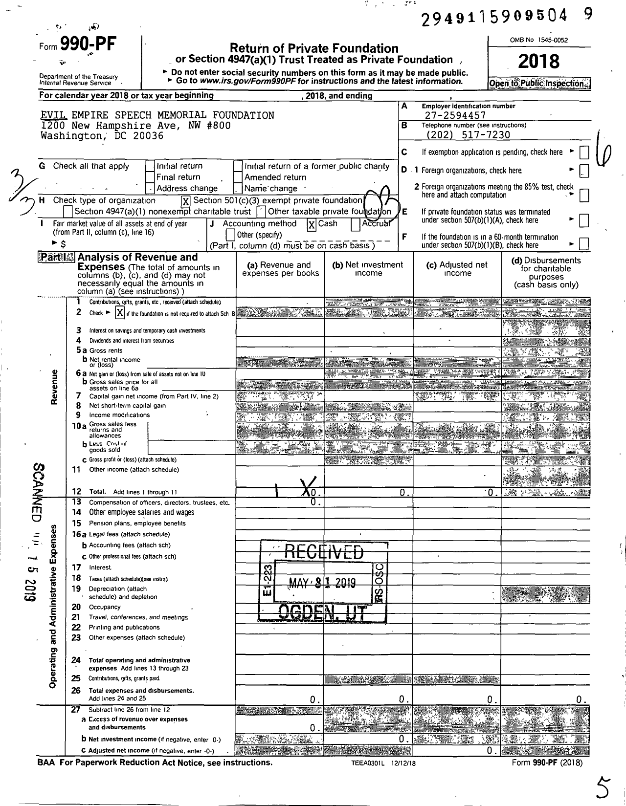 Image of first page of 2018 Form 990PF for Evil Empire Speech Memorial Foundation