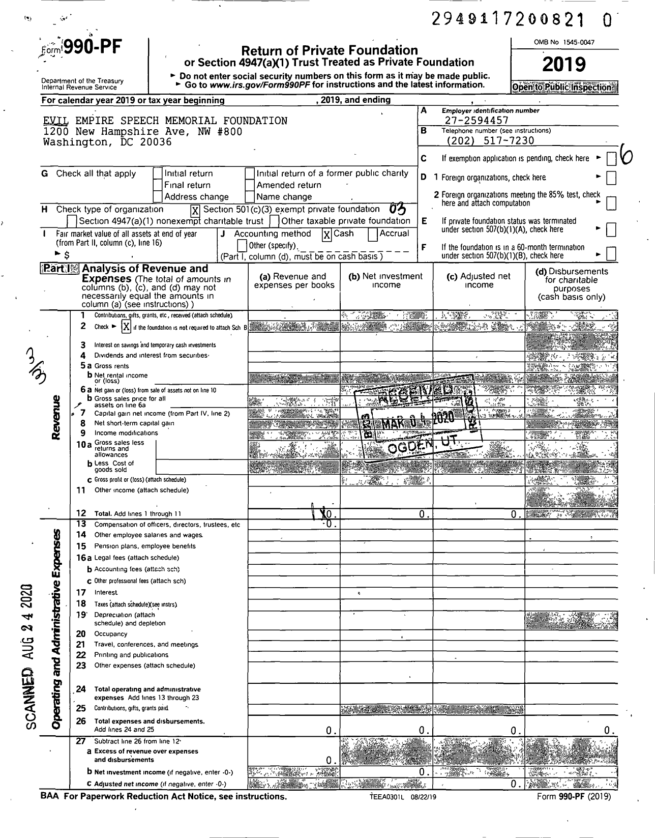 Image of first page of 2019 Form 990PR for Evil Empire Speech Memorial Foundation