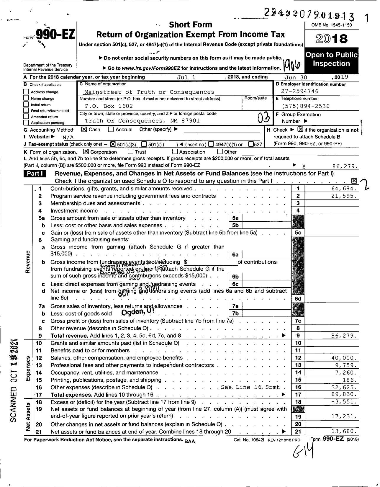 Image of first page of 2018 Form 990EZ for Mainstreet of Truth or Consequences