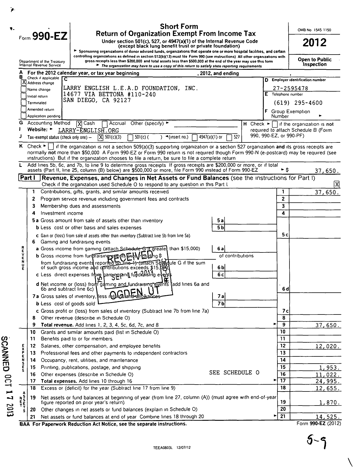 Image of first page of 2012 Form 990EZ for Larry English Lead Foundation