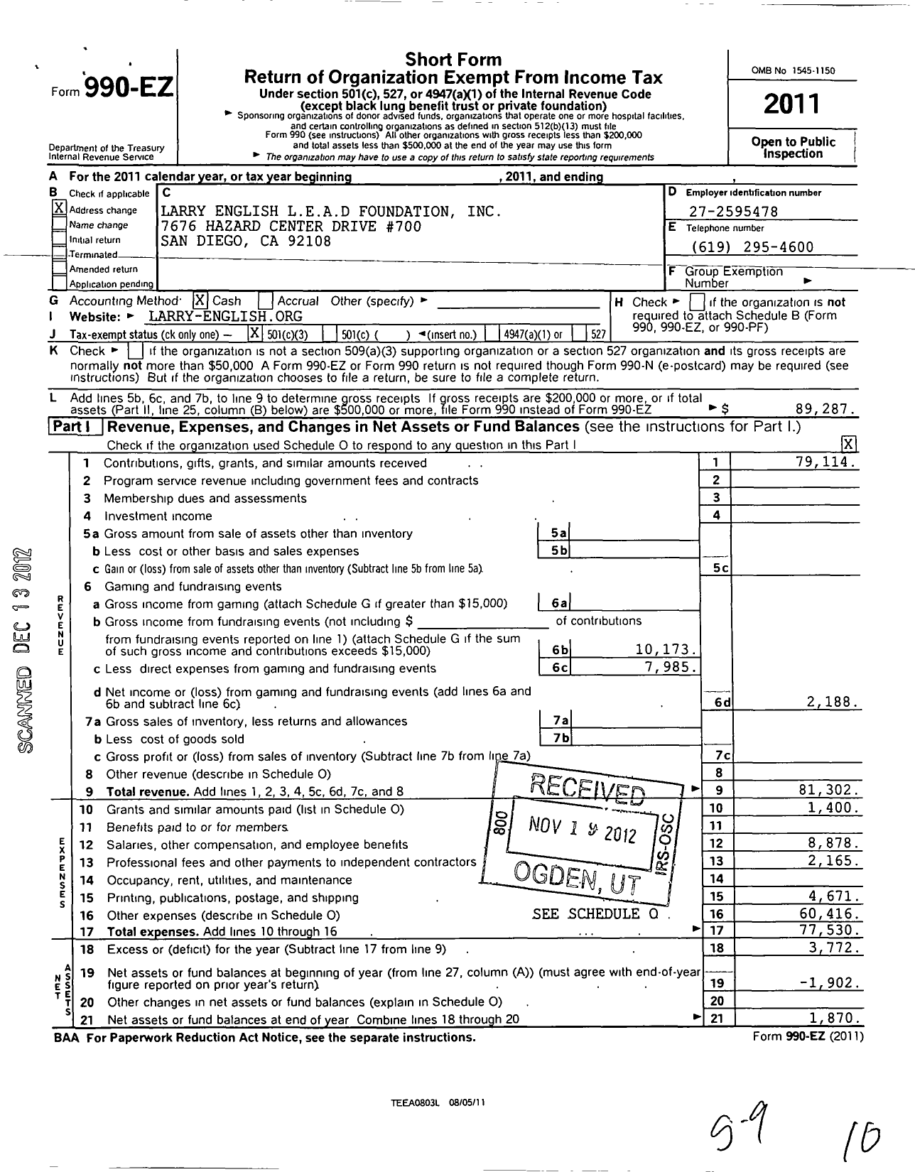 Image of first page of 2011 Form 990EZ for Larry English Lead Foundation