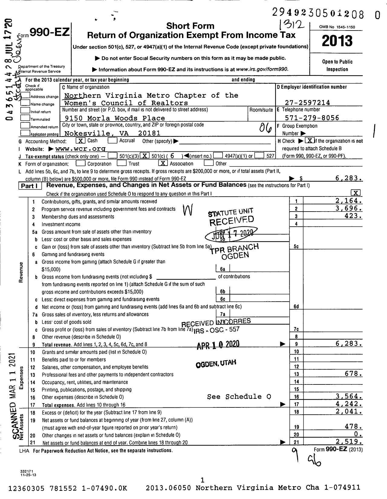 Image of first page of 2013 Form 990EO for Nova Metro Chapter of the Womens Council of Realtors