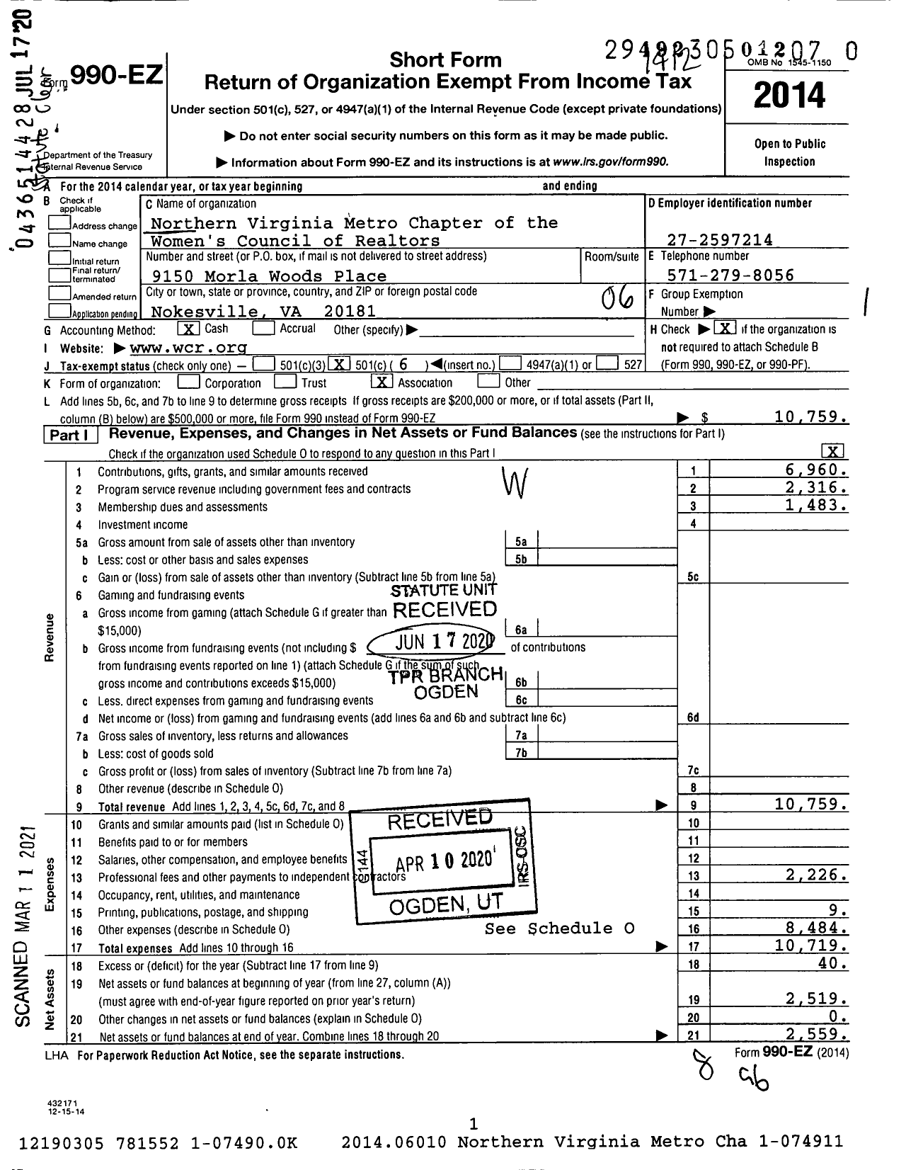 Image of first page of 2014 Form 990EO for Nova Metro Chapter of the Womens Council of Realtors