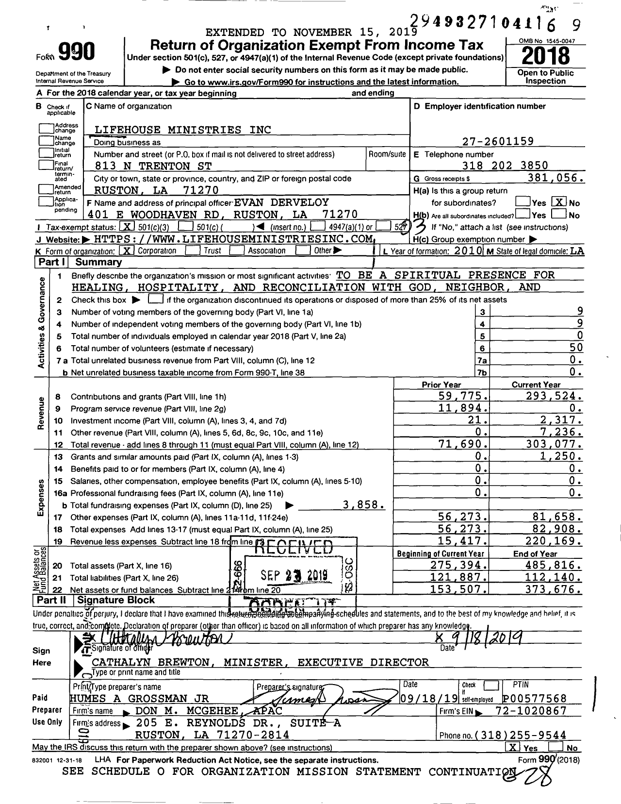 Image of first page of 2018 Form 990 for Lifehouse Ministries