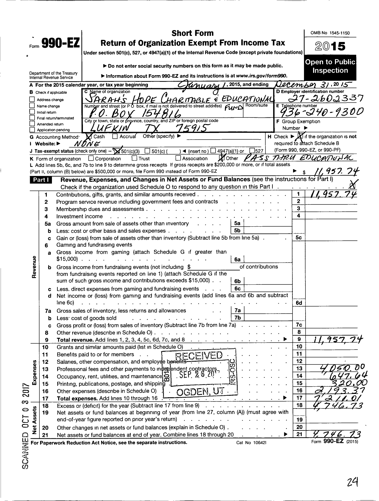 Image of first page of 2015 Form 990EZ for Sarahs Hope Charitable and Educational Foundation