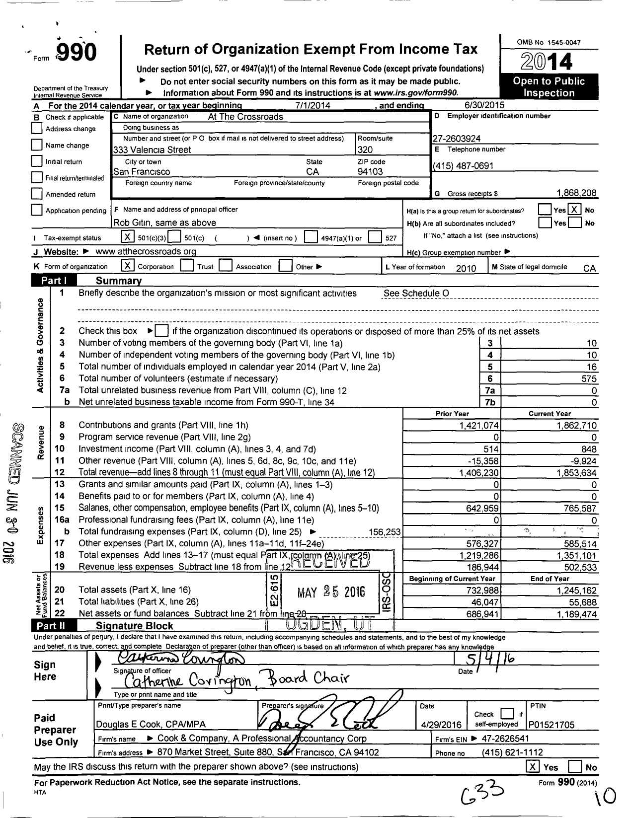 Image of first page of 2014 Form 990 for At the Crossroads