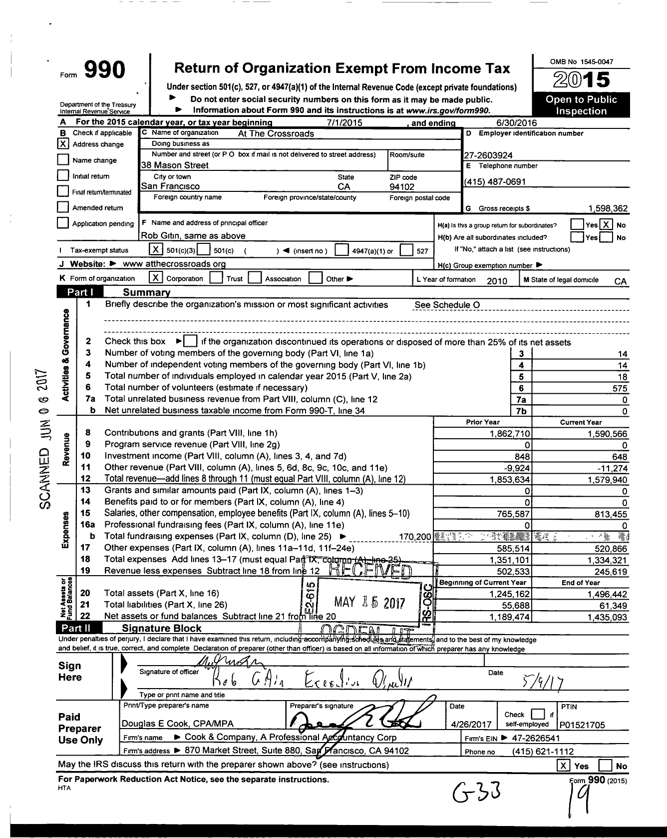 Image of first page of 2015 Form 990 for At the Crossroads