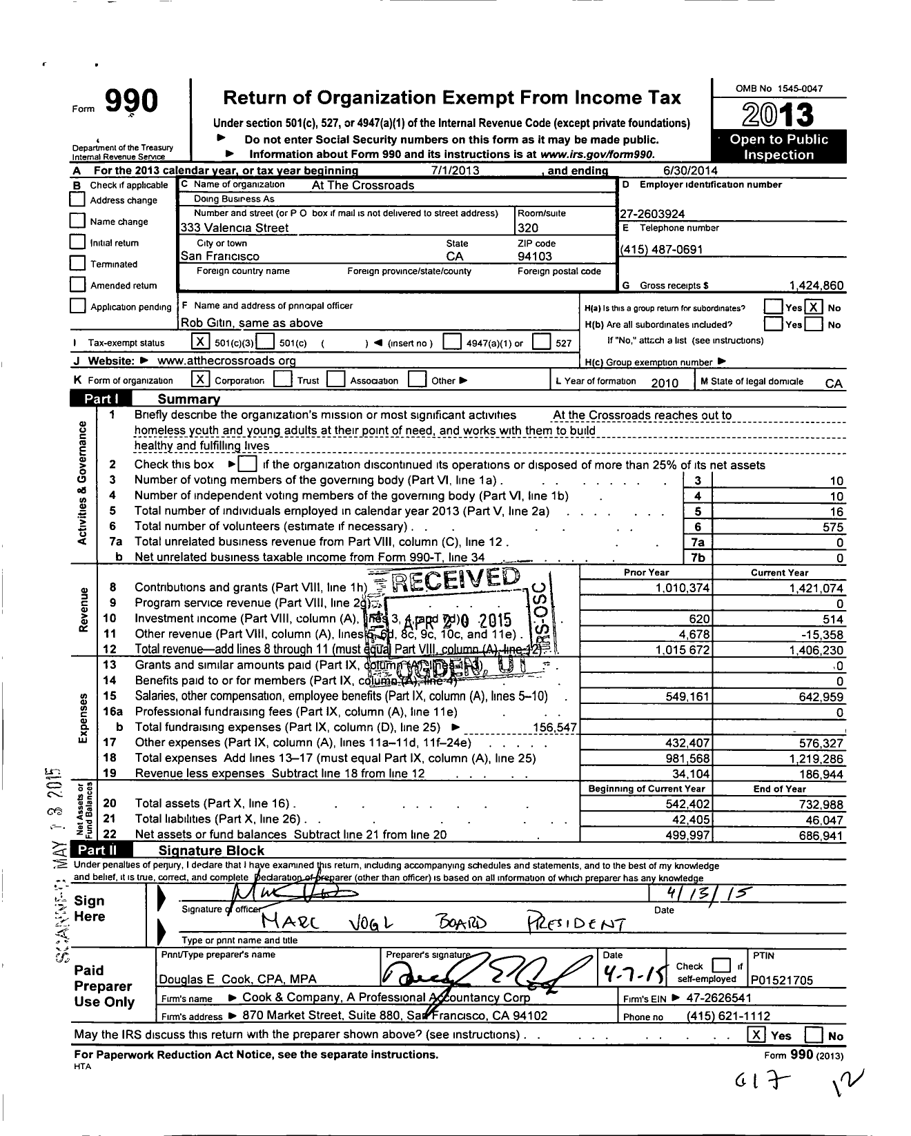 Image of first page of 2013 Form 990 for At the Crossroads