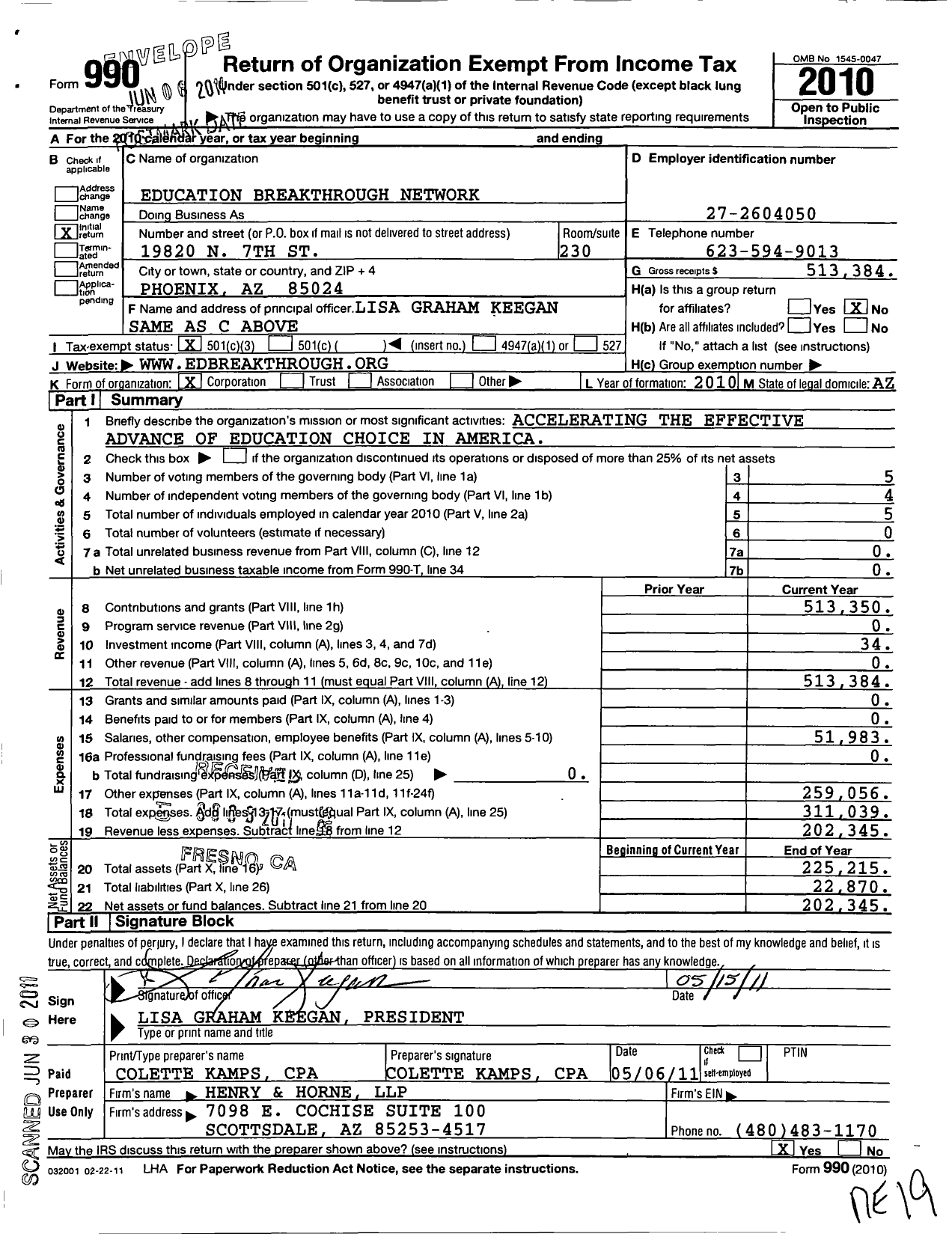 Image of first page of 2010 Form 990 for Education Breakthrough Network