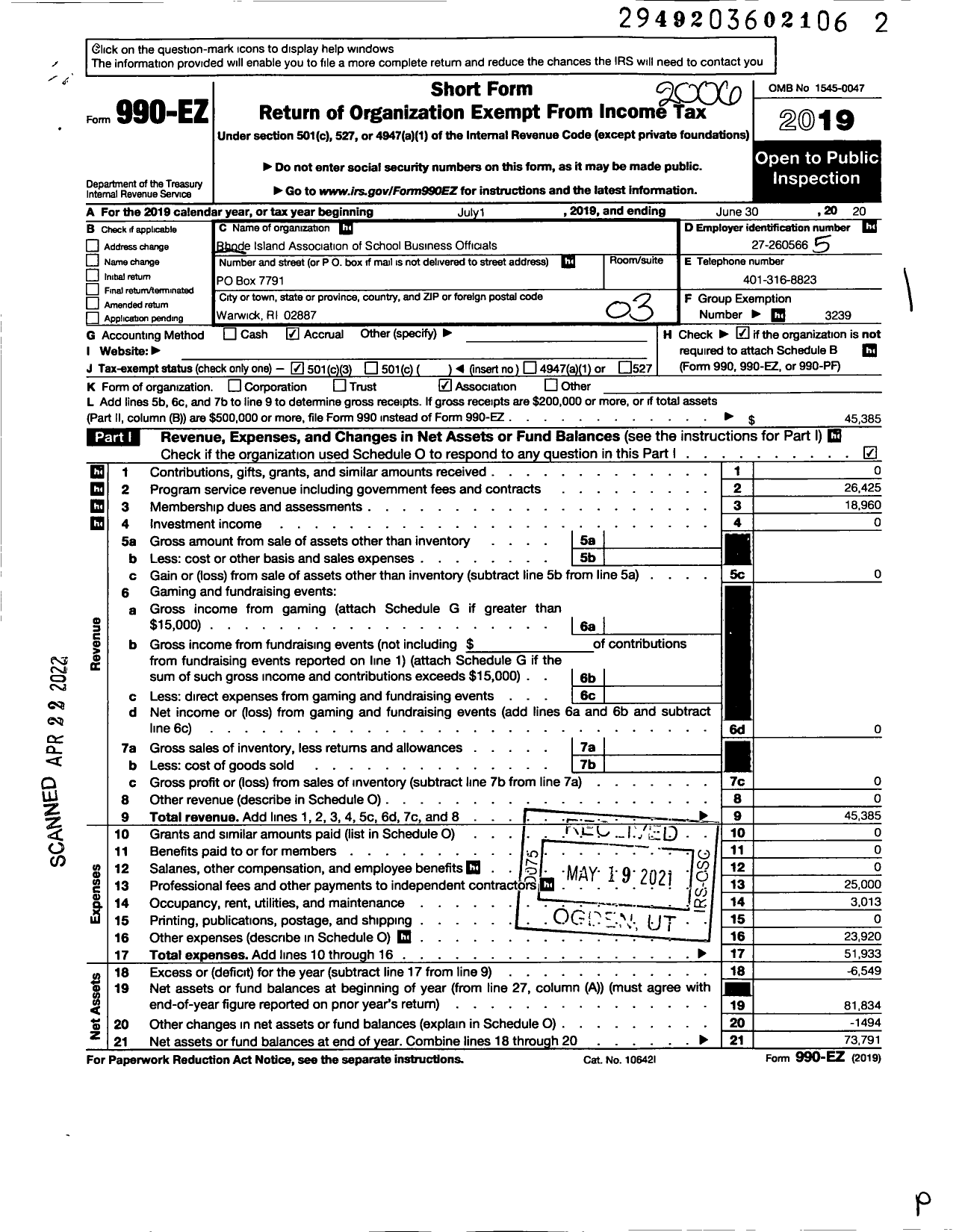 Image of first page of 2019 Form 990EZ for Rhode Island Association of School Business Officials