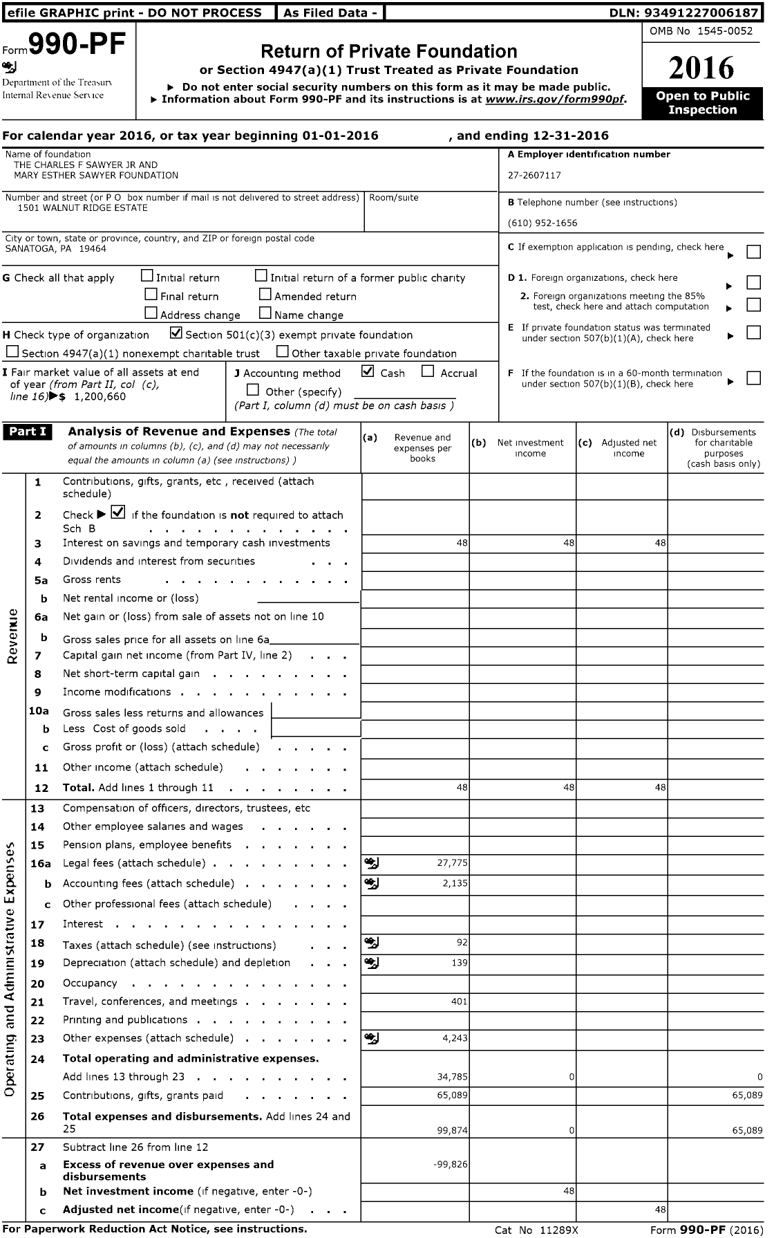 Image of first page of 2016 Form 990PF for The Charles F Sawyer JR and Mary Esther Sawyer Foundation