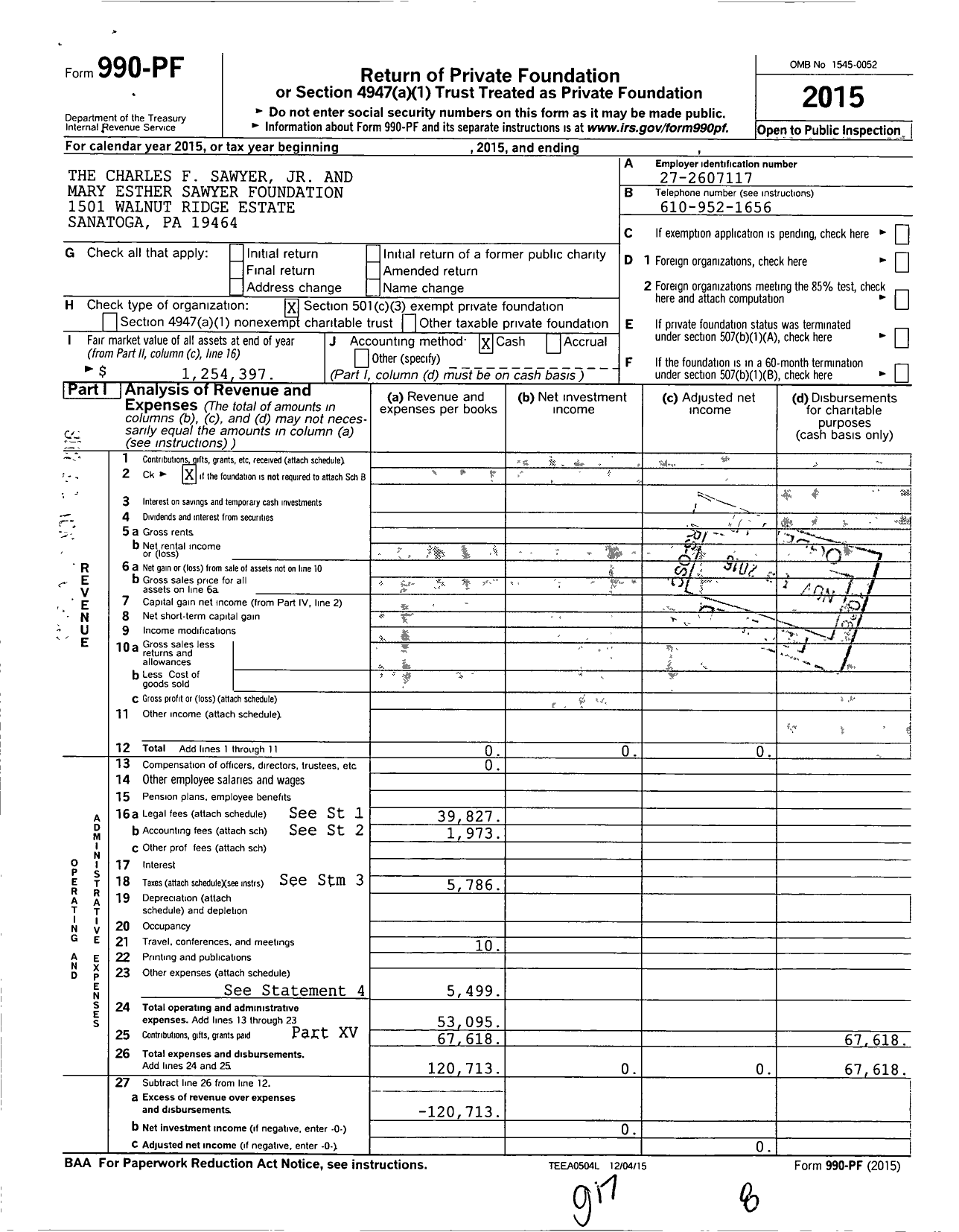 Image of first page of 2015 Form 990PF for The Charles F Sawyer JR and Mary Esther Sawyer Foundation