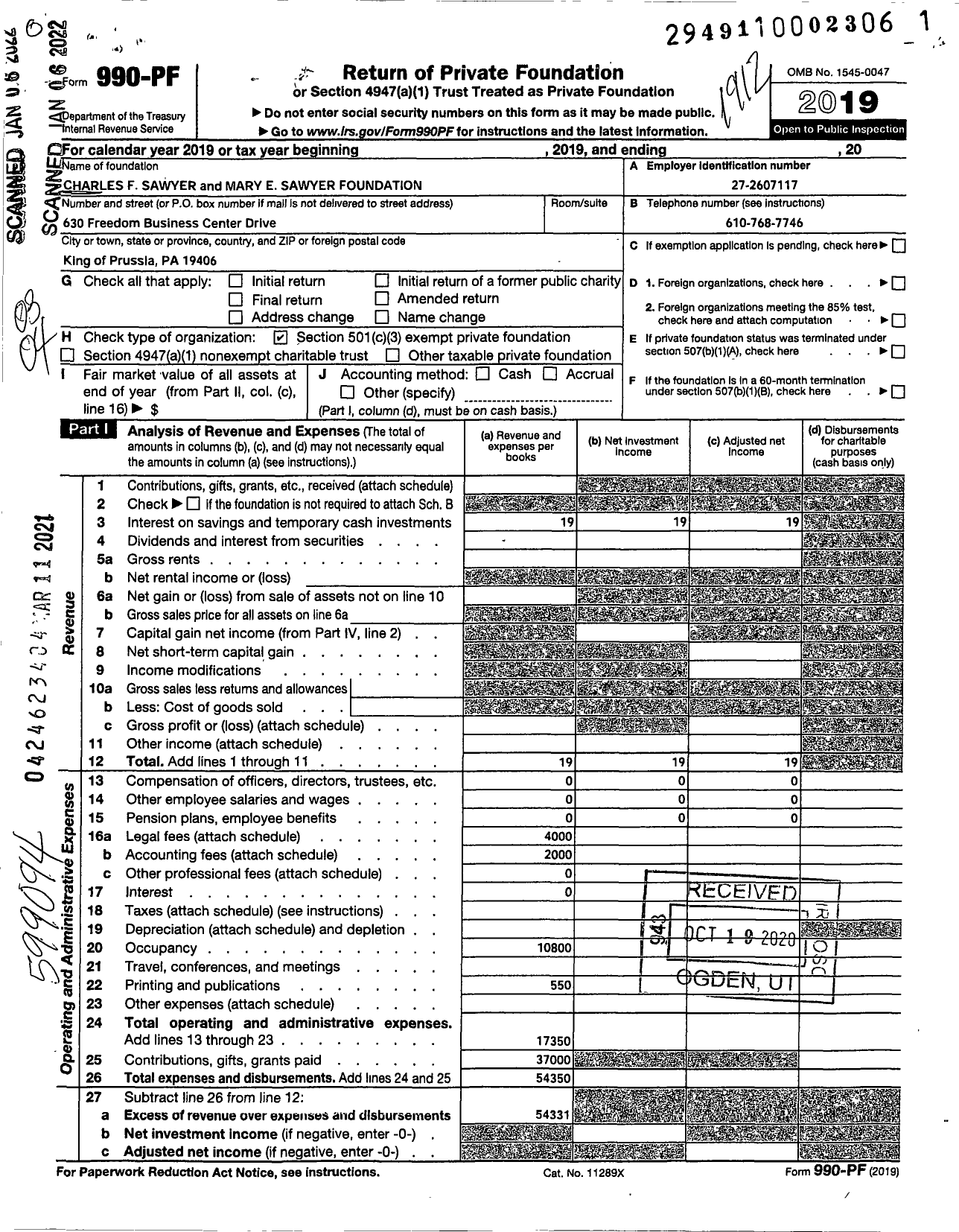 Image of first page of 2019 Form 990PF for The Charles F Sawyer JR and Mary Esther Sawyer Foundation