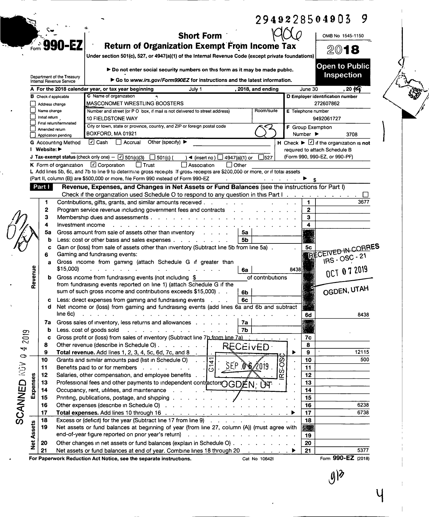 Image of first page of 2018 Form 990EZ for Masconomet Wrestling Boosters