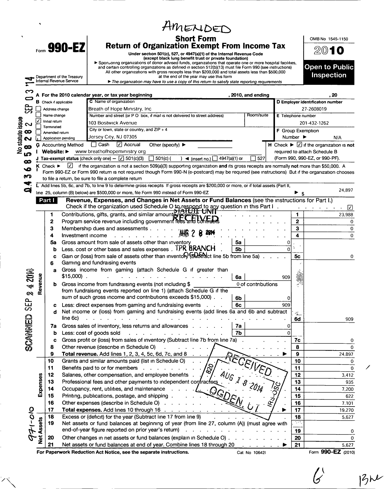 Image of first page of 2010 Form 990EZ for Breath of Hope Ministry