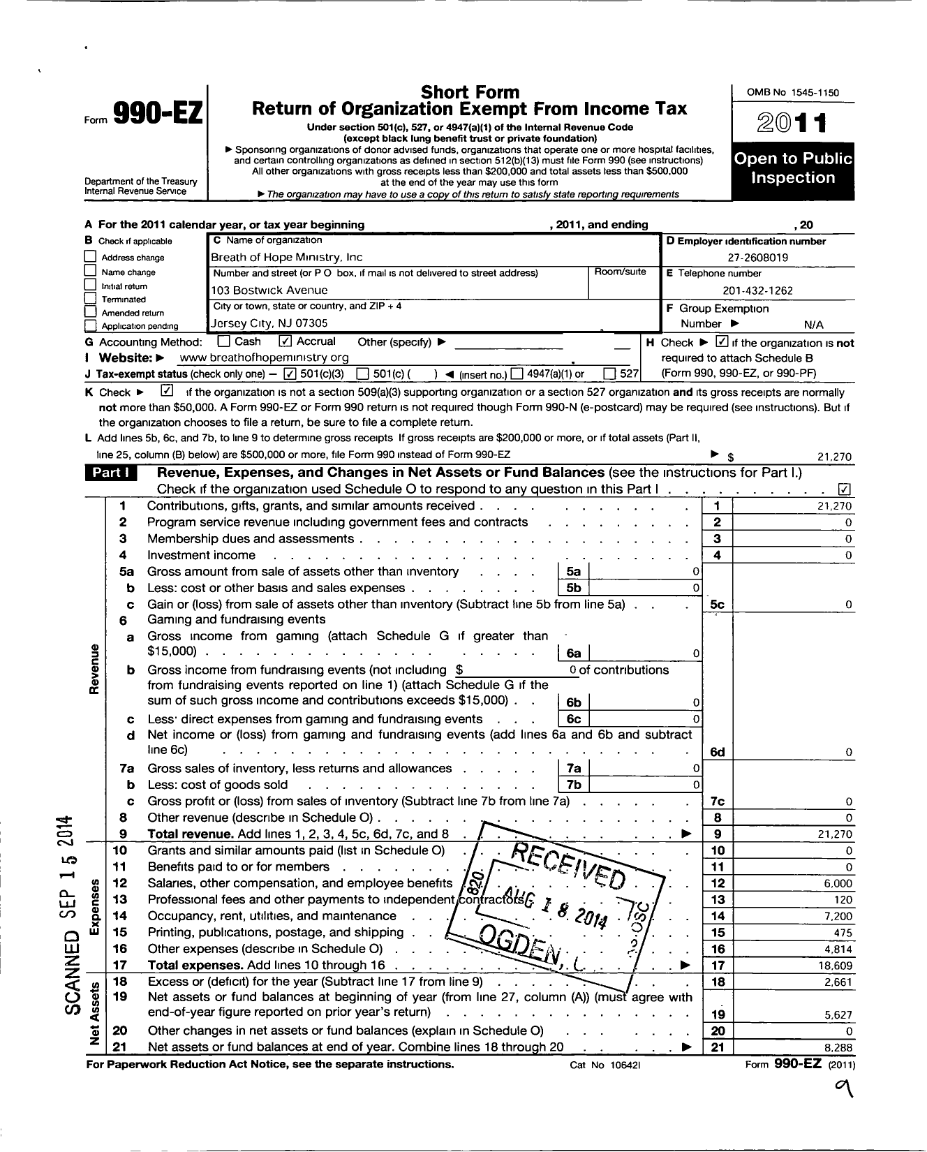 Image of first page of 2011 Form 990EZ for Breath of Hope Ministry