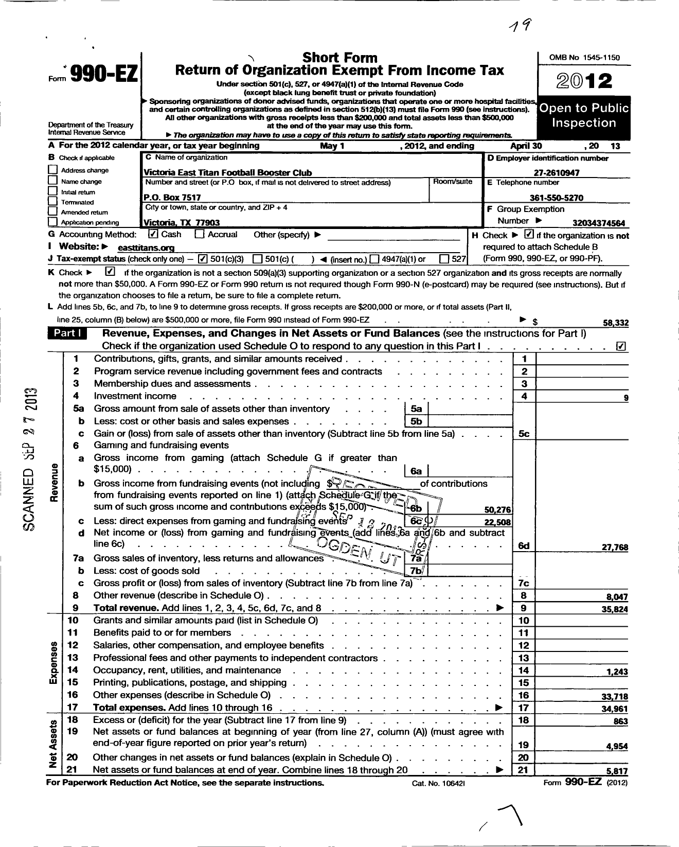 Image of first page of 2012 Form 990EZ for Parent Booster USA / Victoria E Titan FTBL Booster CLB